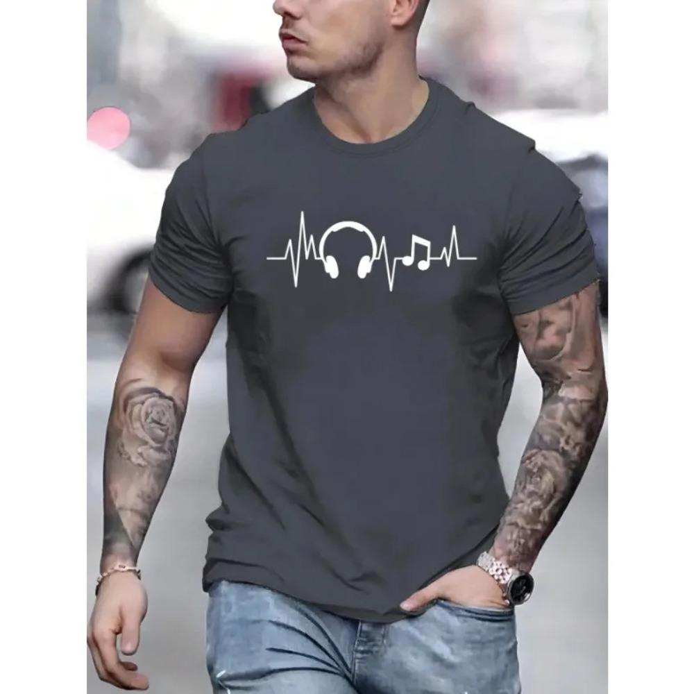Men's Summer Earbuds Printed Round Neck Short Sleeve Casual  T-shirt New Fashion Daily Loose Size Couple Street T-shirt