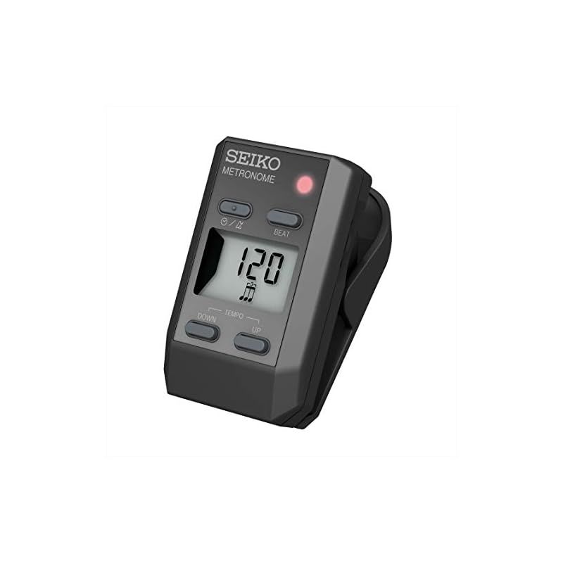 SEIKO DM51B Clip-on Digital Metronome, Black. Features a rotary volume control for adjusting volume and muting.