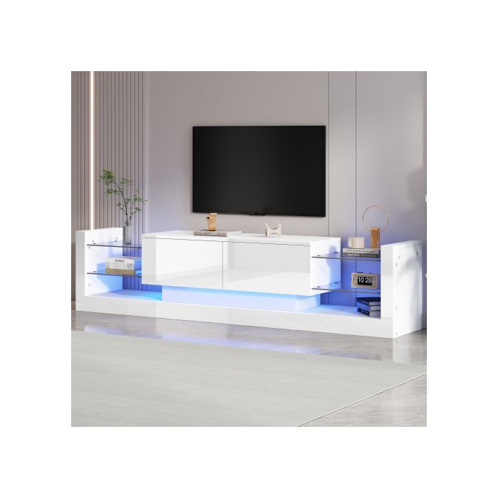 TV skrinka - MUVOE - 181 cm - LED osvetlenie - 2 zásuvky - Lesklá biela
