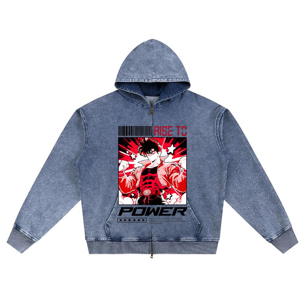 DTG Print Knitted Denim Zip-Up Hoodie Power Anime Boy Brother Print Zipper Hoodies  