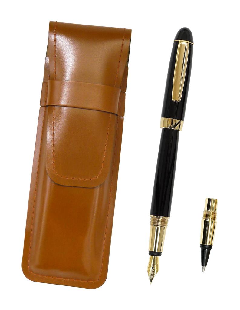Slim Leather Pen Case In Brown with Exchange BP WX Fountain Pen Ink and Black Set (same Structure) (T23-ASC-WX-B)