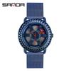 Sanda Men's Fashion Quartz Watch, Mesh Strap, Waterproof, Outdoor Casual, Hollow Wheel Dial.