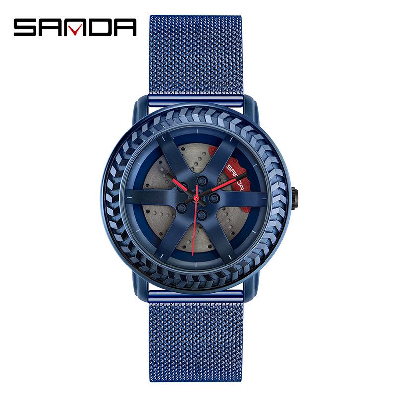 Sanda Men's Fashion Quartz Watch, Mesh Strap, Waterproof, Outdoor Casual, Hollow Wheel Dial.
