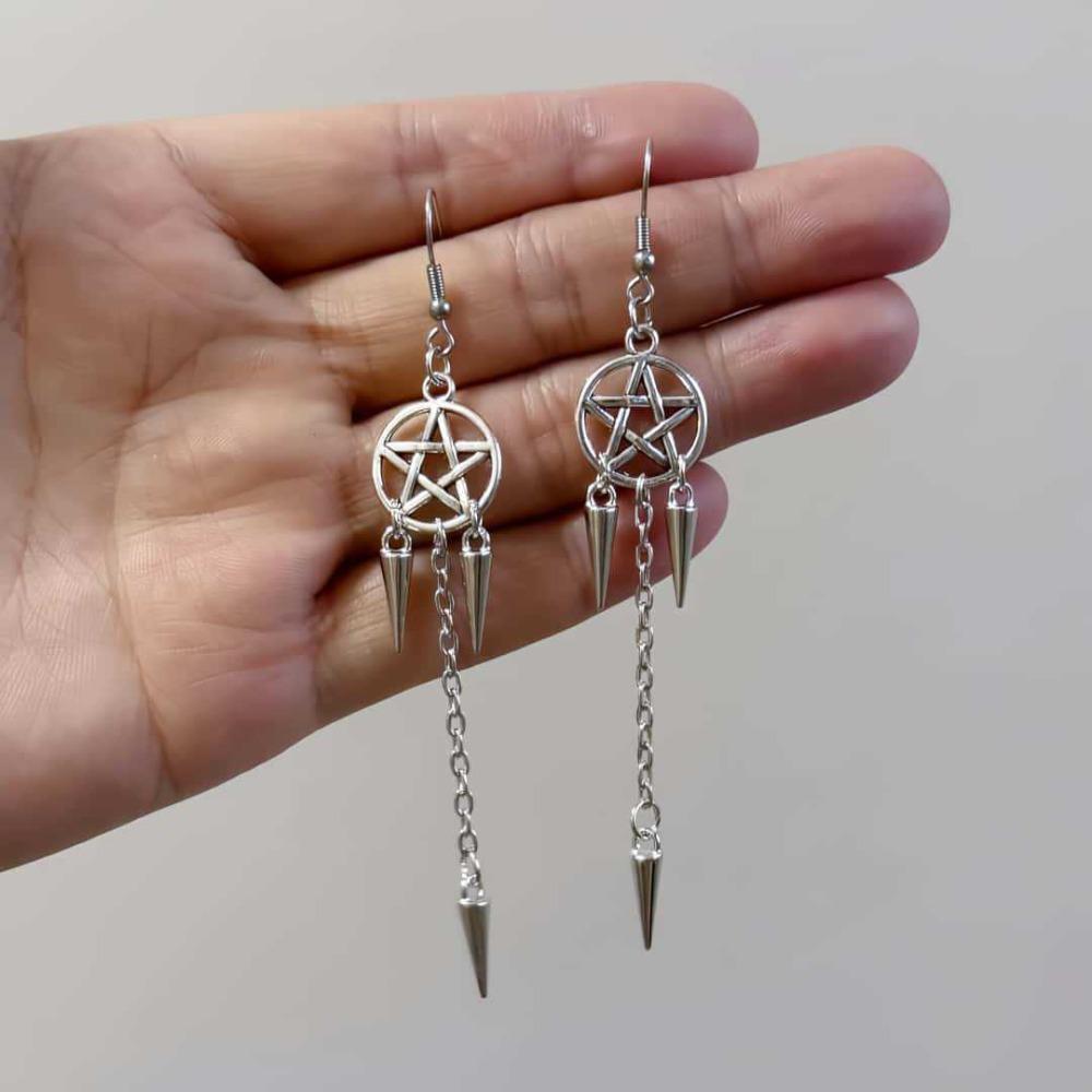 Gothic Punk Silver Color Hollow Out Pentagram Spike Tassel Chain Long Dangle Earrings for Women Halloween Witch Pagan Jewelry