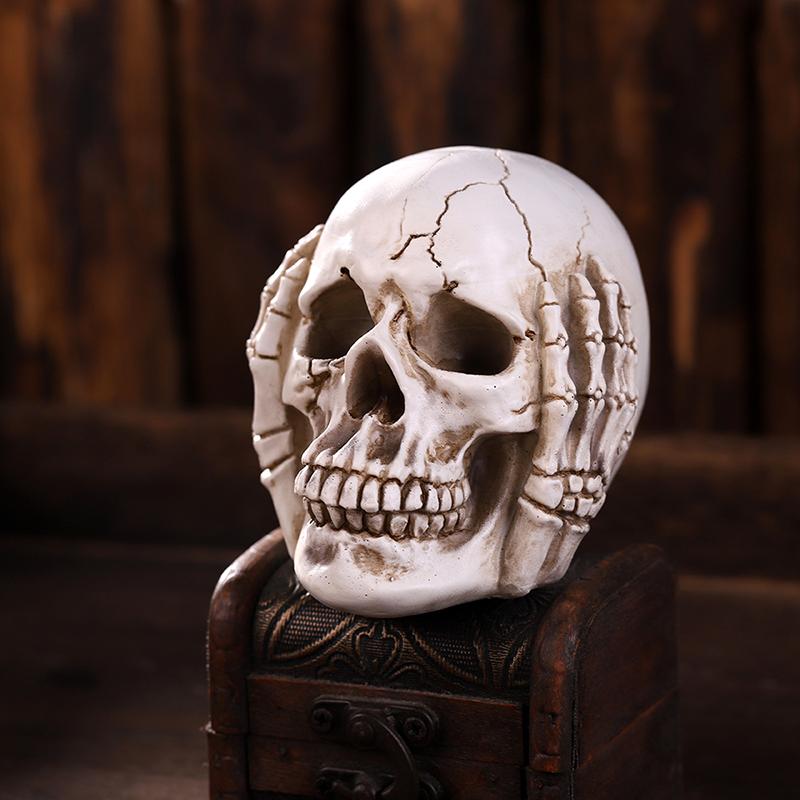 Skulls Figurine No Evil Resin Human Skull Statue Head Sculptures Skull Collectible Halloween Funny Skull Home Decor