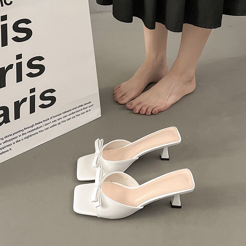 With Skirt Cool Slippers Fairy Shoes 2025 Summer New Bow One-word High Heels High Heels Cool Slippers Woman