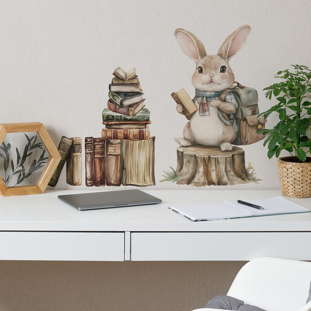 Cute Bunny Reading Wall Stickers Cartoon Watercolor Style, Educational Wall Art for Kids Room, Study Room and Living Room Decor