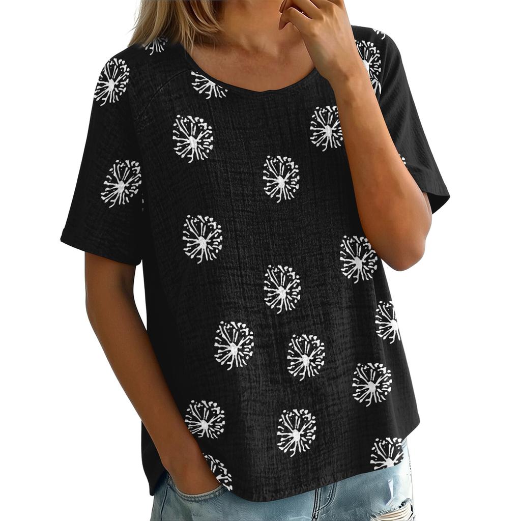 Women's Vintage Print Short Sleeve Top - Round Neck, Cotton Linen Fabric