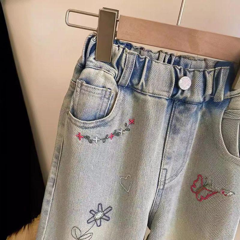 In-Stock Girls' Spring and Summer Embroidered Jeans, Korean Style, Fashionable Embroidered Loose Straight-Leg Casual Pants for Girls