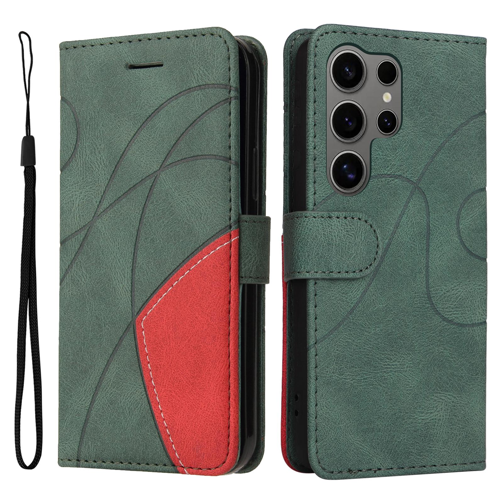 

For Samsung Galaxy S25 Ultra Leather Case Wallet Stand Color Splicing Phone Cover Green