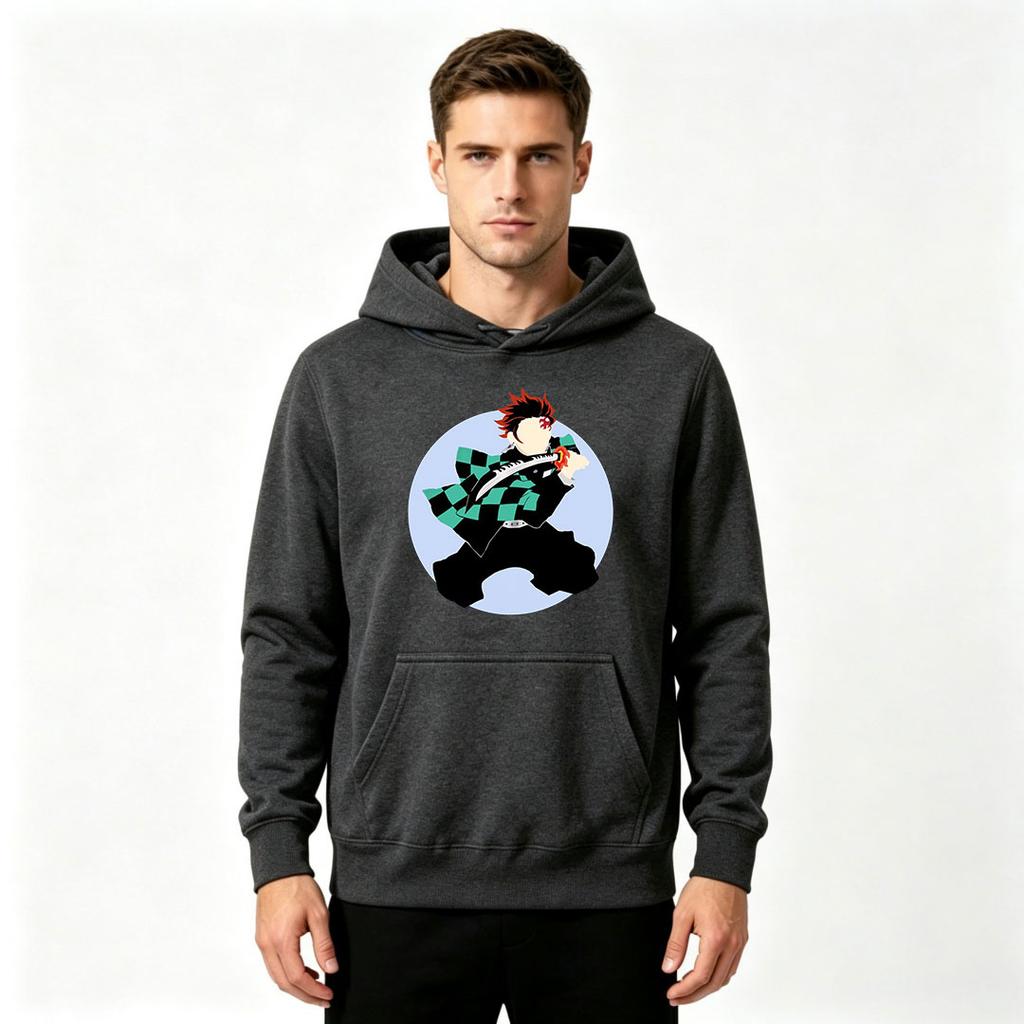 Men's Anime Character Print Pullover Hoodie Casual Long Sleeve Black Hooded Sweatshirt for Daily Wear