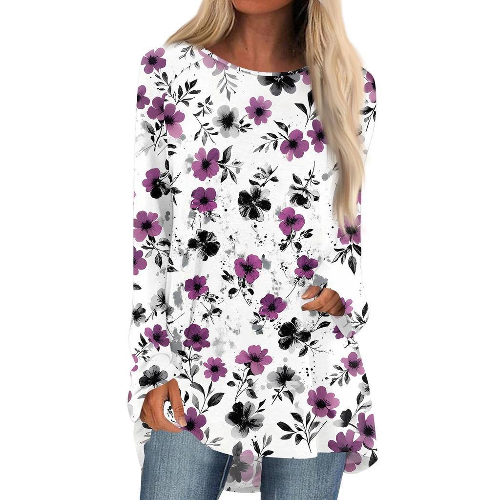 Women's Fashion Casual Long Sleeve Print Round Neck Pullover Top Blouse