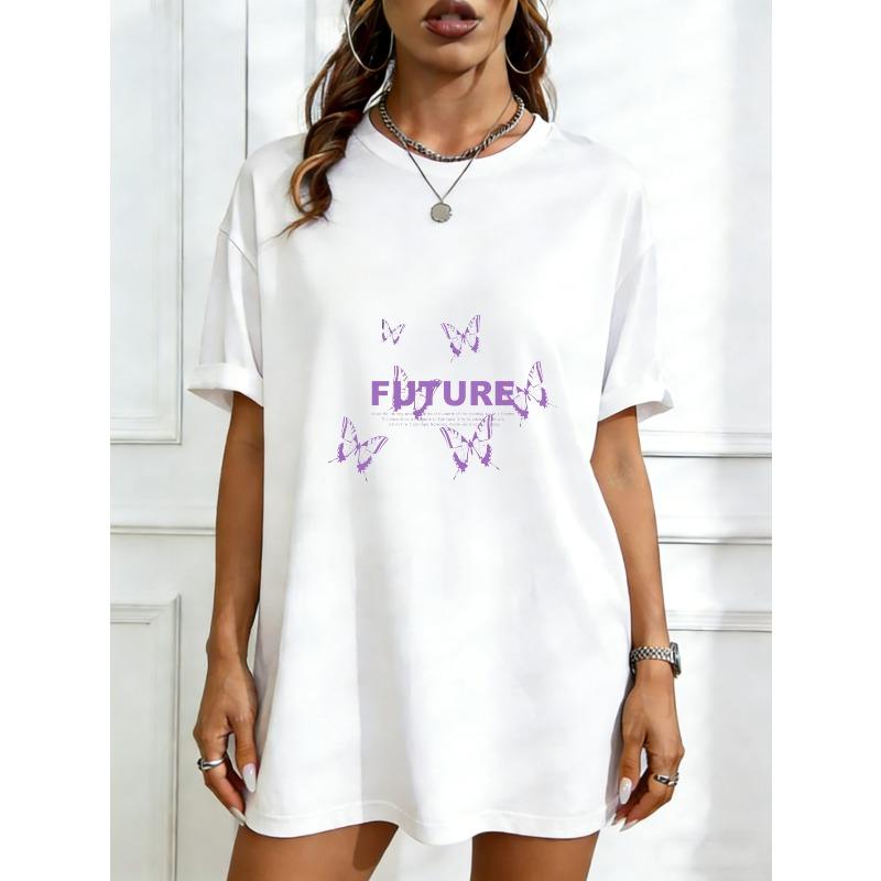 

Oversized T Shirt Black Future Text And Butterfly Print Casual Streetwear For Women XXXXL білий