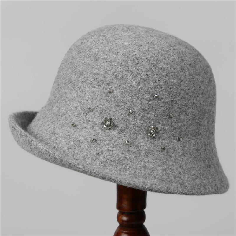 Autumn and Winter New Style Hat Handmade Rhinestone Decoration Wool Warm Fisherman Hat Elegant Curled Brim Bucket Hat for Women