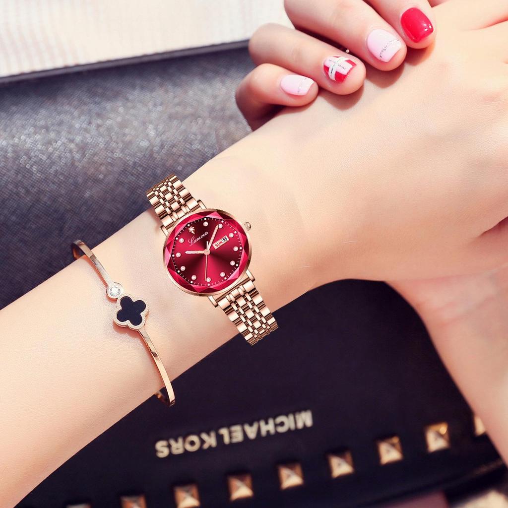 Origineel Dames Stalen Band Horloge met Vlinder Sluiting, Dubbele Datum, Lichtgevend, Waterdicht, Elegante Nieuwe Stijl.