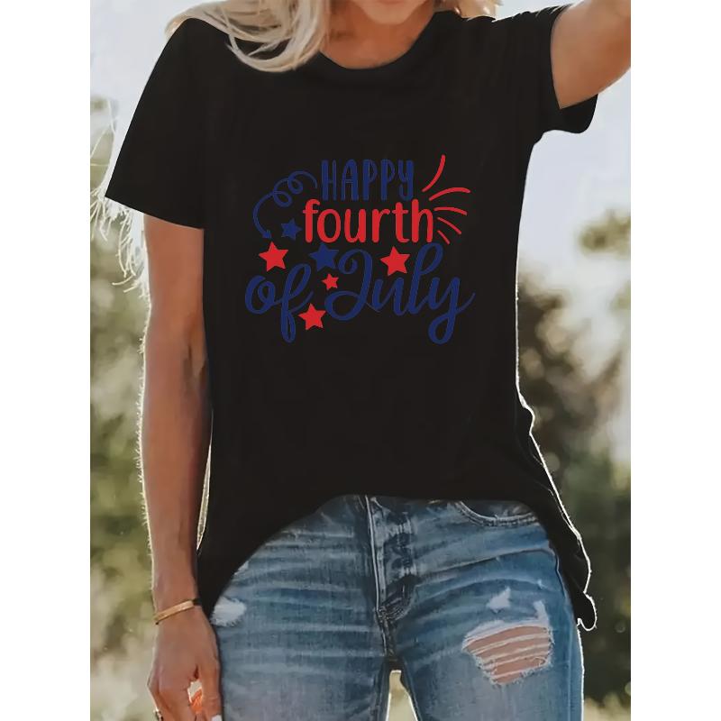 

Independence Day text printed T-shirt loose short sleeve holiday casual style daily coat XXL чорний