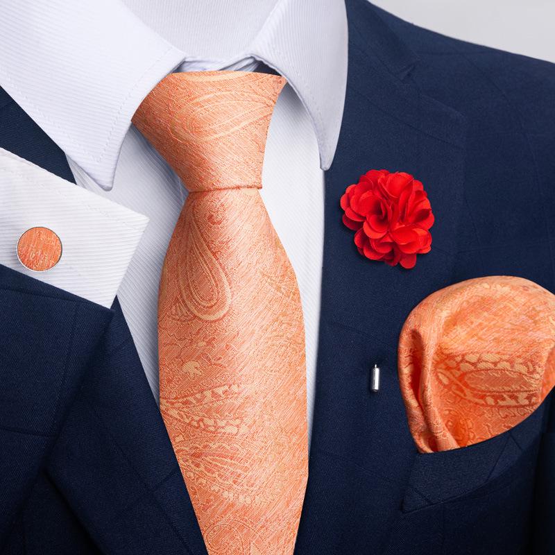 Brown Paisley Men's Tie, Pocket Square, Cufflinks & Boutonniere Set for Business Formal Wear.