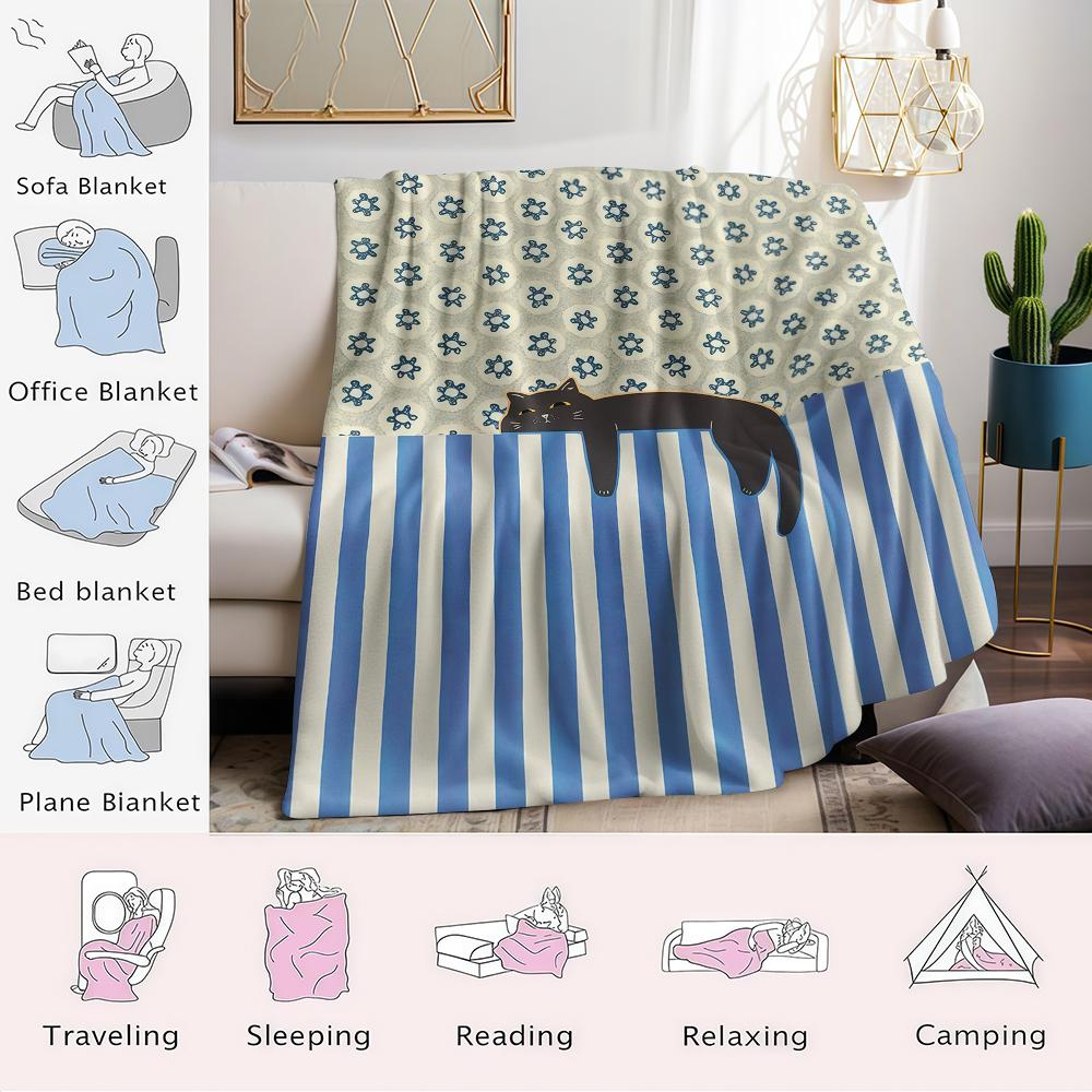 Cat With Blue And White Stripes Flannel Blanket Warm Soft Halloween Christmas Couch Warm Cozy Decorative Decor For All Season