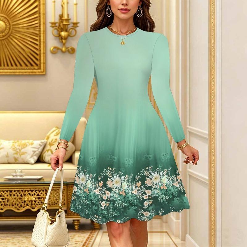 Women's Bohemian Casual Midi Dress Print Round Neck Long Sleeve A Line Loose Swing Dresses