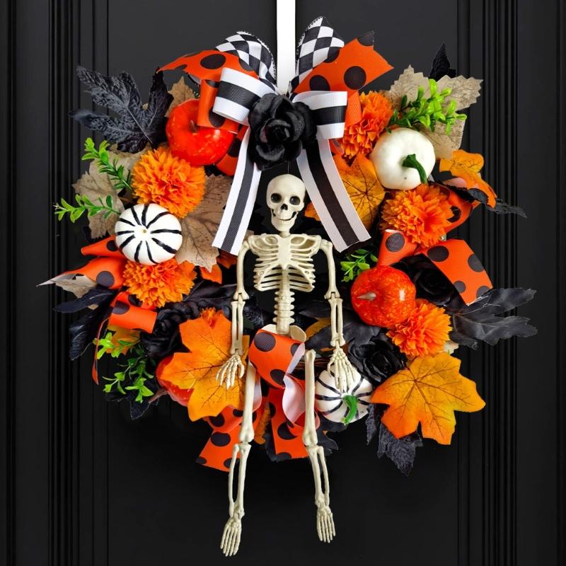 Realistic Faux Maple Leaf Pumpkins Skull Branch Wreath Durability Waterproof Halloween Autumn Home Outdoor Decors
