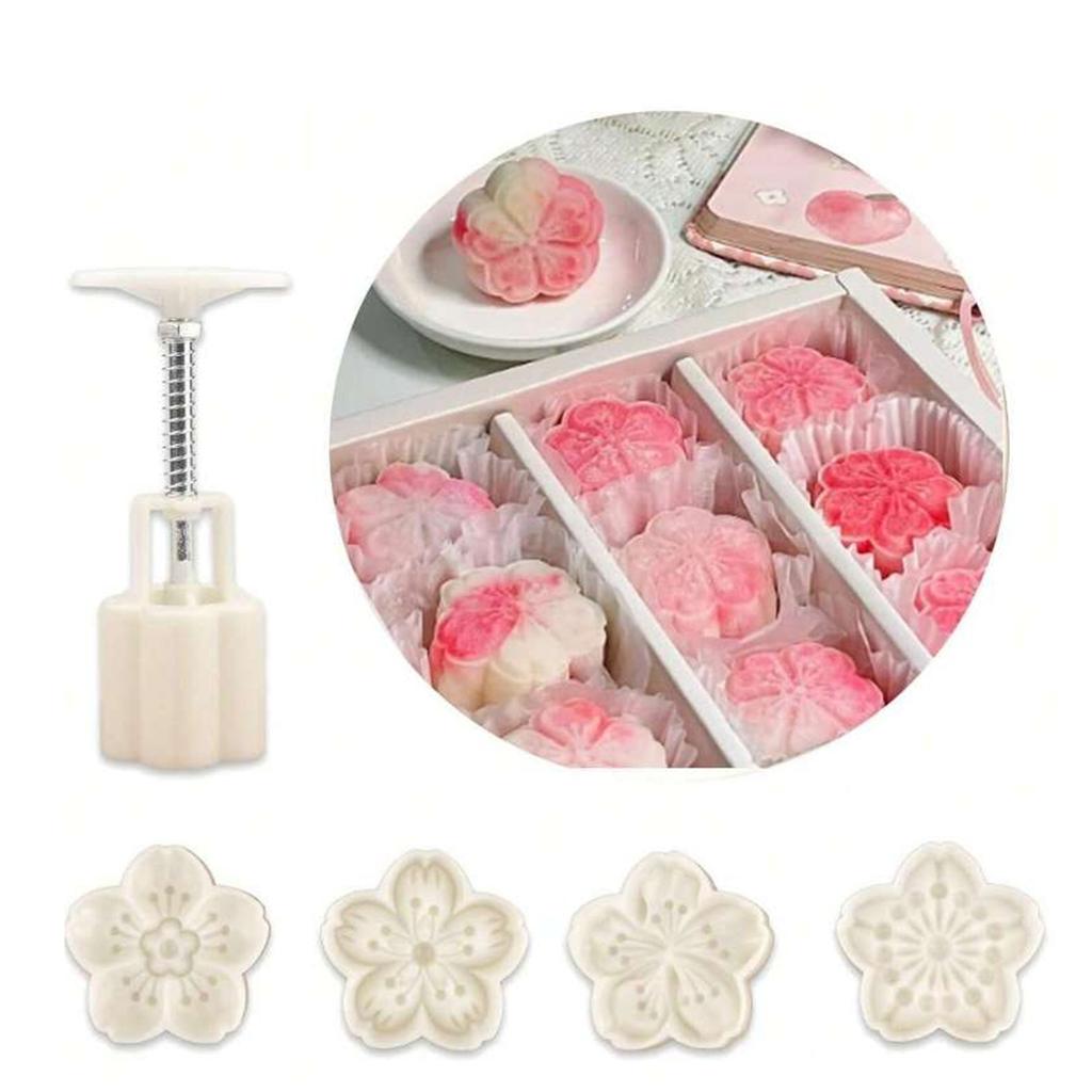 Cute Shaped DIY Mooncake Molds-Thickness Adjustable Hand Press Tool with 4 Cherry Blossoms,Cookies,Desserts&Pastry Decoration