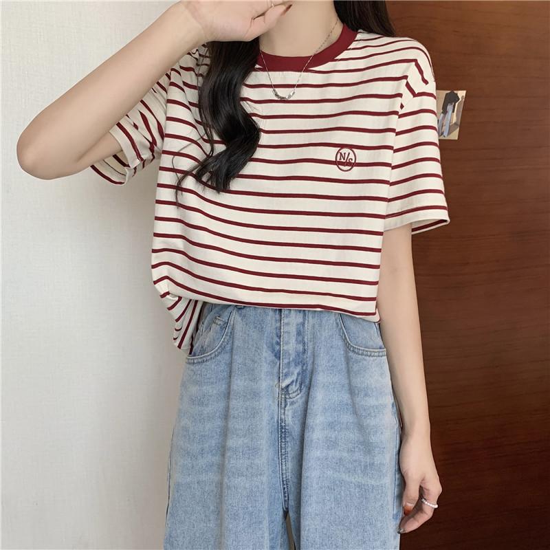 

Летняя мода в полоску Женские футболки с вышивкой букв Футболка Femme Harajuku повседневная свободная универсальная хлопковая одежда Футболка Женская уличная одежда L красный