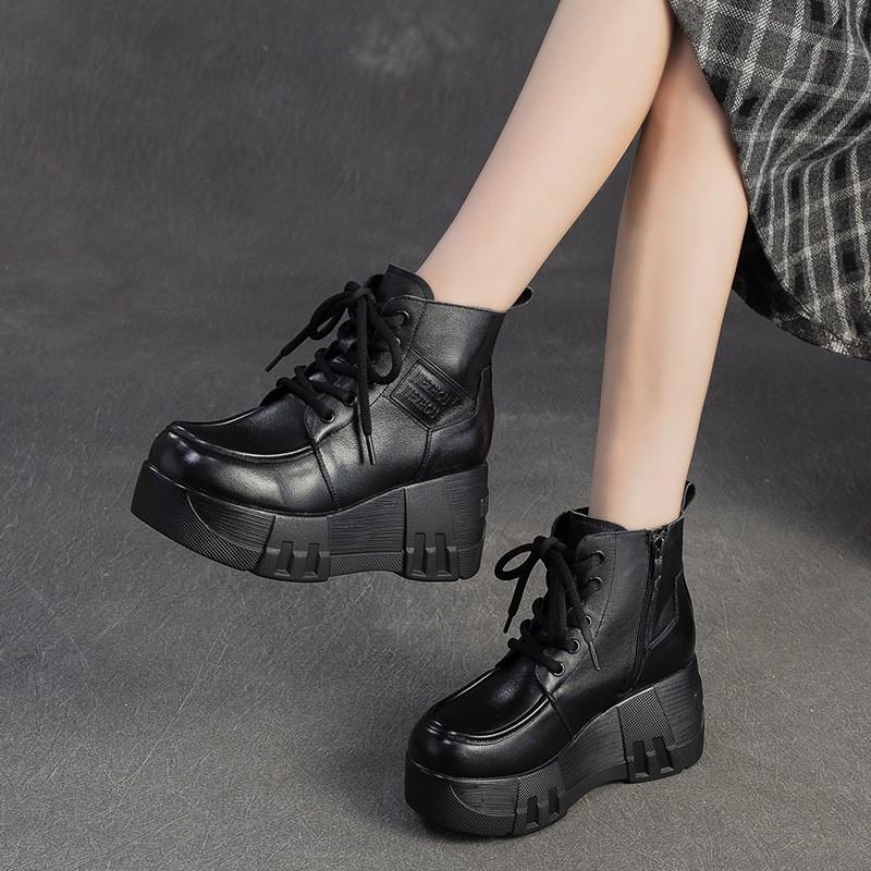 Johnature Retro Thick Sole Wedges Short Boots Genuine Leather Women's Height-increasing Shoes