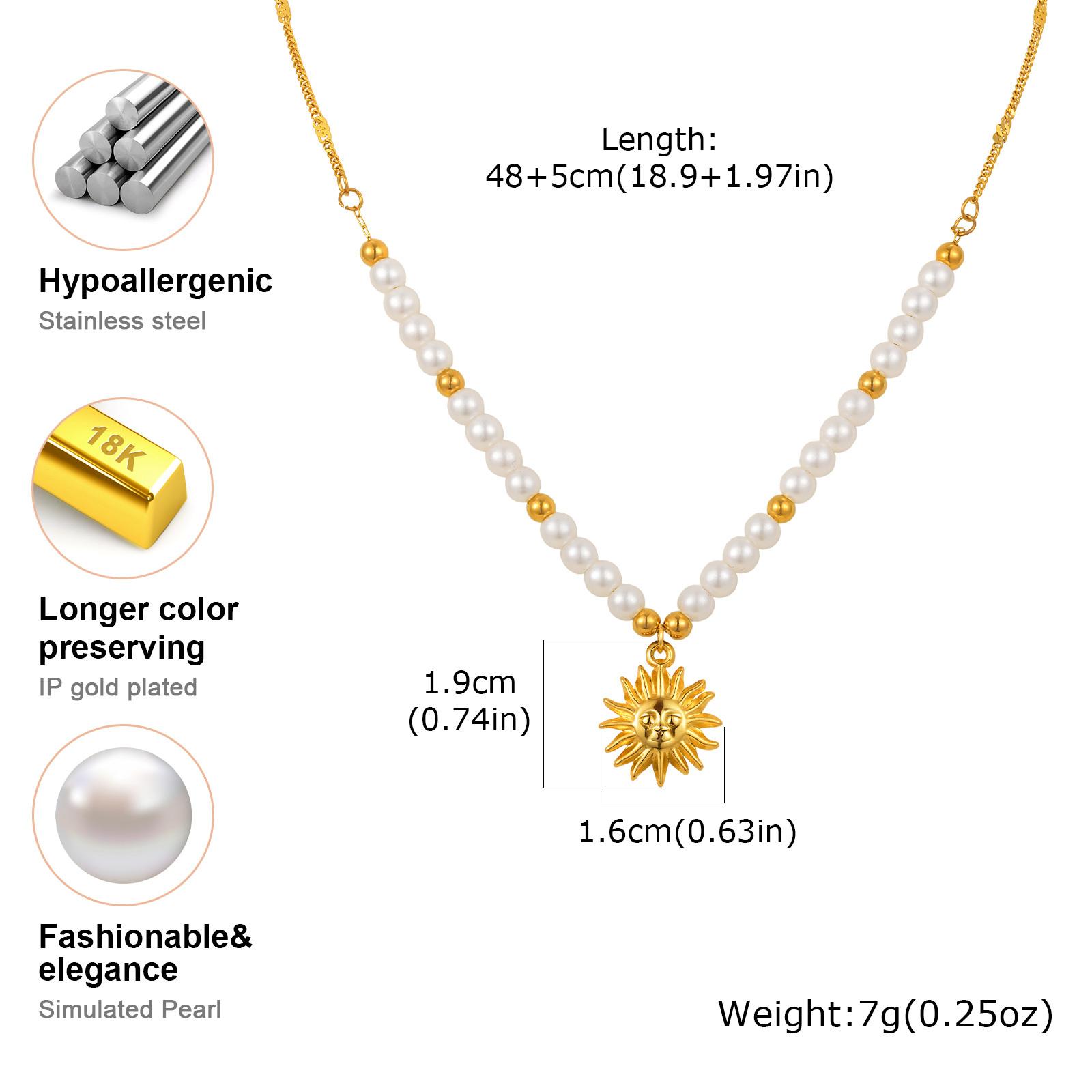 

Stainless Steel Shell Sun Pendant Necklace for Women, Pearl Beaded Chain,18K Gold Plated Waterproof Tarnish-free Jewellery
