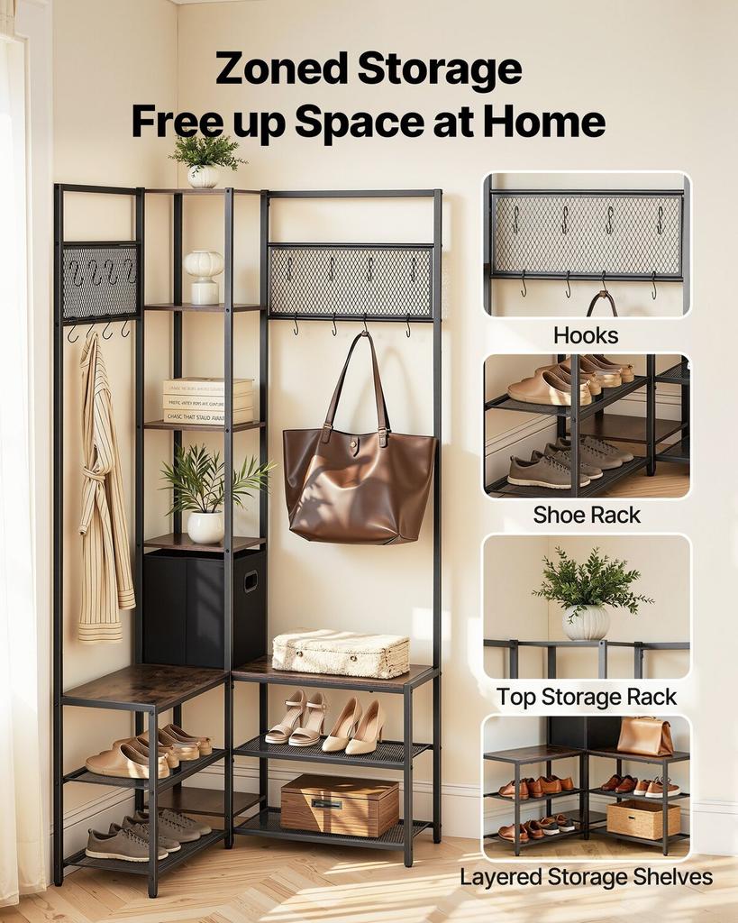 Corner Hall Tree with Shoe Bench, 1800 mm Coat Rack with Hooks and Steel Frame, Freestanding Clothes Shoes Rack Storage Organizer with Anti-Tip Set,