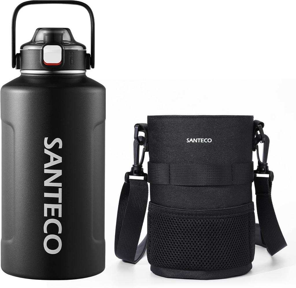 SANTECO Vacuum Insulated Water Large Keeps Drinks Hot or Stainless Steel Bottle with Direct Suitable for Sports Wide with Black Bottle, Capacity,