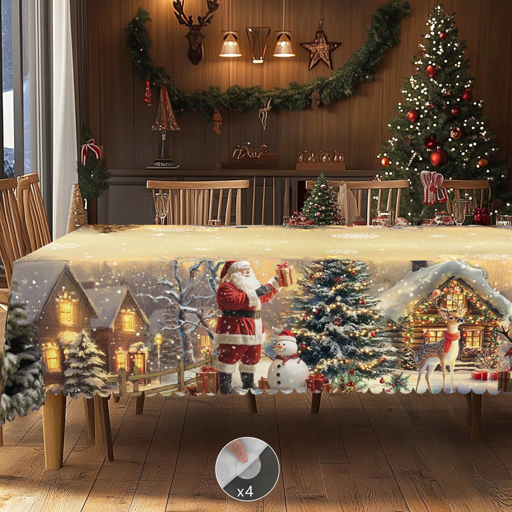 1 Stück weihnachtlich bedruckte Tischdecke mit Golddruck, Vintage-Stil, mit Designs von Weihnachtsmann, Schneemännern, Bauernhaus und Weihnachtsbaum, geeignet für