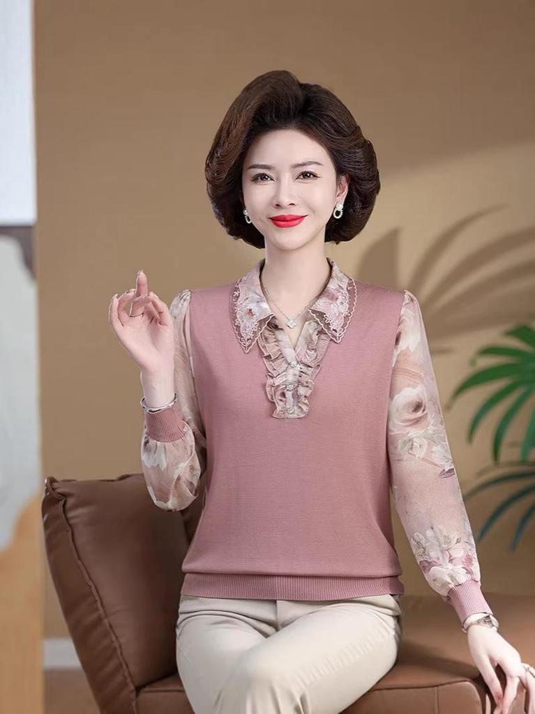 2026 New Lapel Long-Sleeve T-Shirt for Middle-Aged Women, Thin Spring/Autumn Top, Small Size for Mom