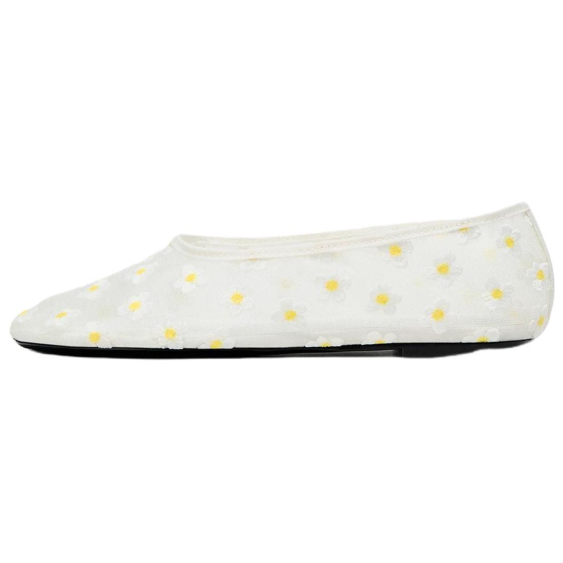 ZARA Floral Print Square Toe Ballet Flats White Womens 3545510850 36