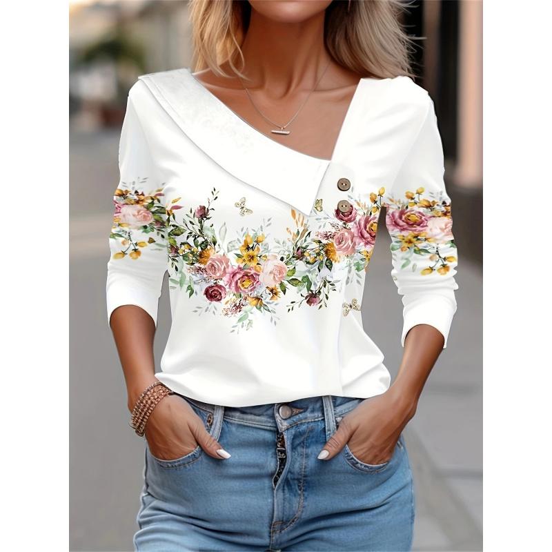 

Spring and Autumn New Women s T-Shirt Long Sleeve Asymmetrical Neck Printed Top 2XL білий