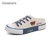 Fashion Comemore Spring Women Cute Bear Canvas Shoes Flat Casual All-match Half Slippers Korean Version Lace Up Ladies Vulcanized Shoe
