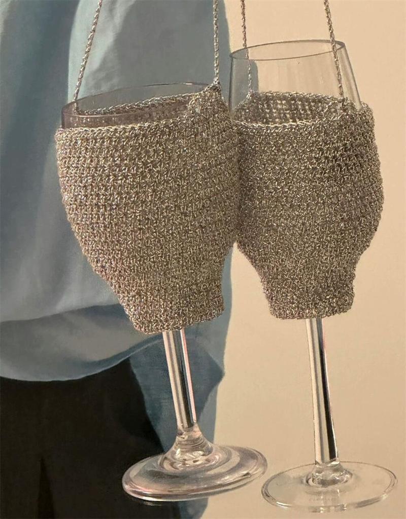 Korean Style Wine Glass Cup Bag Suits Crossbody Bag, Bottle Cover, Handbag, creative gift vase, sequins, handmade weaving