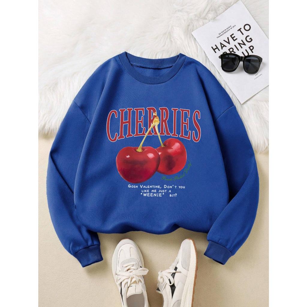 Felpa da Donna alla Moda Stampa Ciliegie Rosse Fresche Pullover Girocollo Pile Morbido Traspirante Felpa con Cappuccio Autunno Streetwear Femminile
