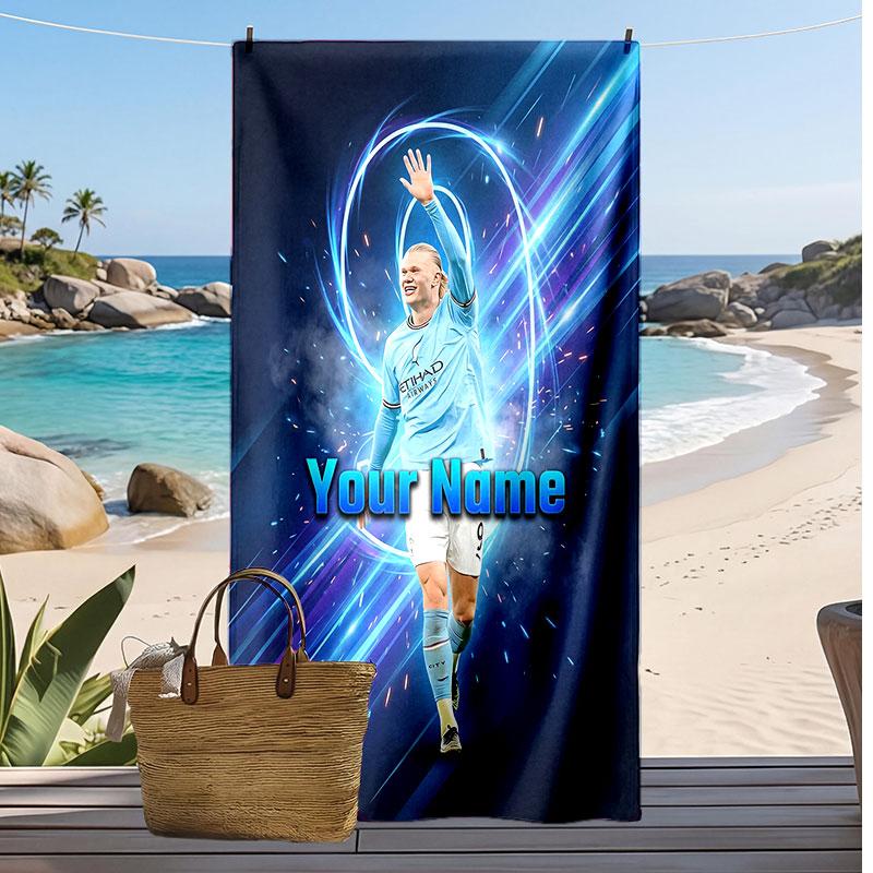 Erling Haaland Personalized Printed Beach Towel Soccer Logo Support Custom Name Text Absorbent Towel For Sport Travel Special Gift