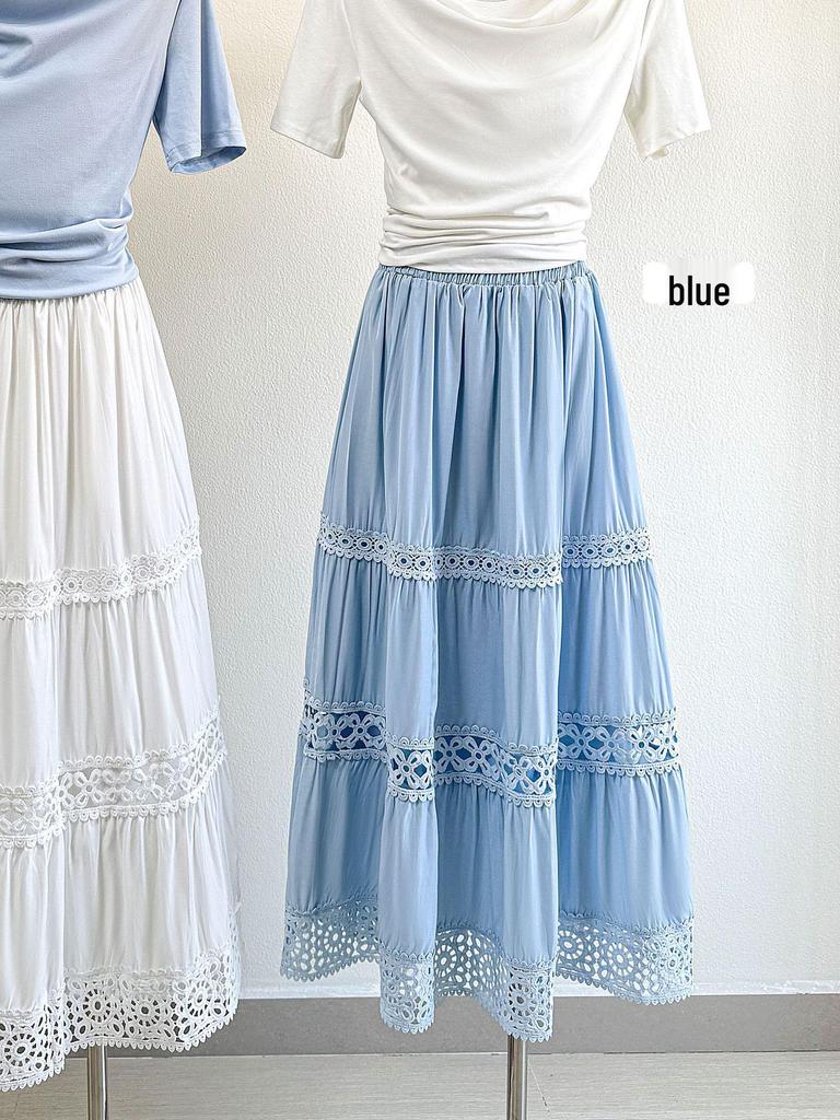 2026 Spring/Summer Patchwork Lace Fairy Midi Skirt with Embroidery and Draping A-line