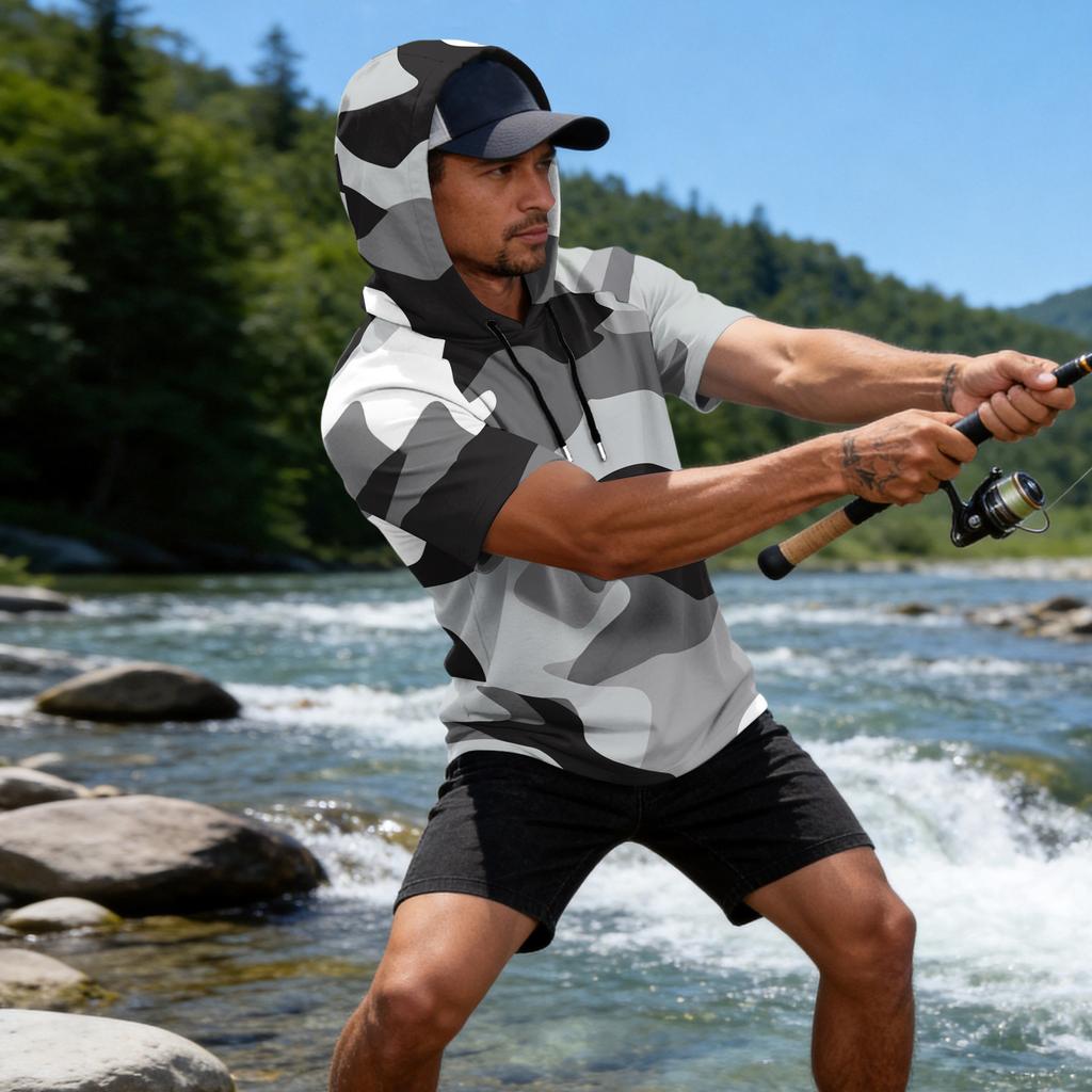 Men's Camouflage Print Raglan Sleeve Casual Sport Fishing Short Sleeve Hoodie Lightweight Breathable Outdoor Top