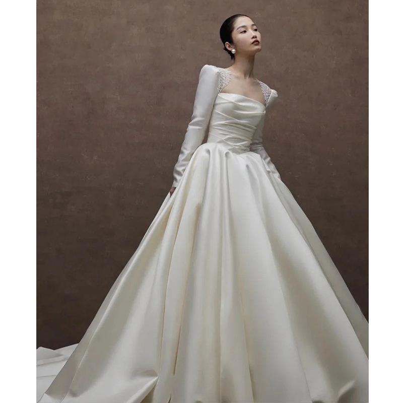 Satin Hochzeitskleid Braut 1011 neues Hauptkleid retro leichtes Hochzeitskleid Ausgehkleid kleiner Mann lange Ärmel unterwegs Prinzessin Frau