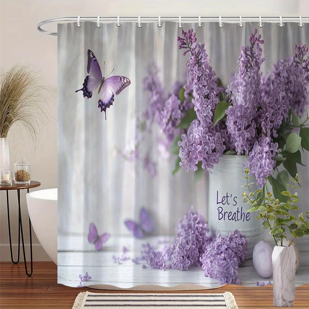 

Purple Lilac Butterfly Shower Curtain - Grey Background, Wood Design,12 Hooks, Washable Polyester, Relaxing Bathroom Decor 90x180cm