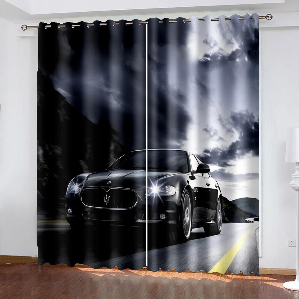 Schwarzes cooles Sportwagen-Filmdruckmuster, moderne Vorhänge für Jungen, Fenstervorhänge für Wohnzimmer, Schlafzimmer, Küche, 2-teiliges Dekor