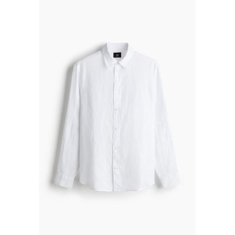 

HM Men s Shirt 2025 Autumn New Arrival Long Sleeves Lapel Soft Standard Linen Shirt 1258318 White 175/100(M)