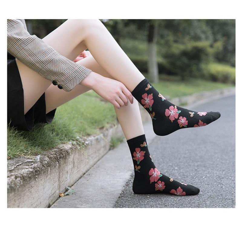 10 Pairs Women Floral Cotton Vintage Patterned Crew Middle Tube Socks Novelty Ankle Ruffled Warm Casual Sock