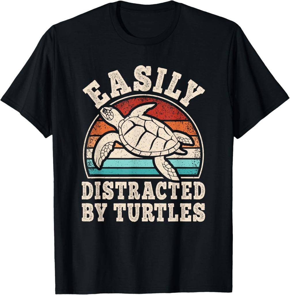 Easily Distracted By Turtles Graphic Tee Retro Sunset Sea Turtle Print Casual Cotton T-Shirt