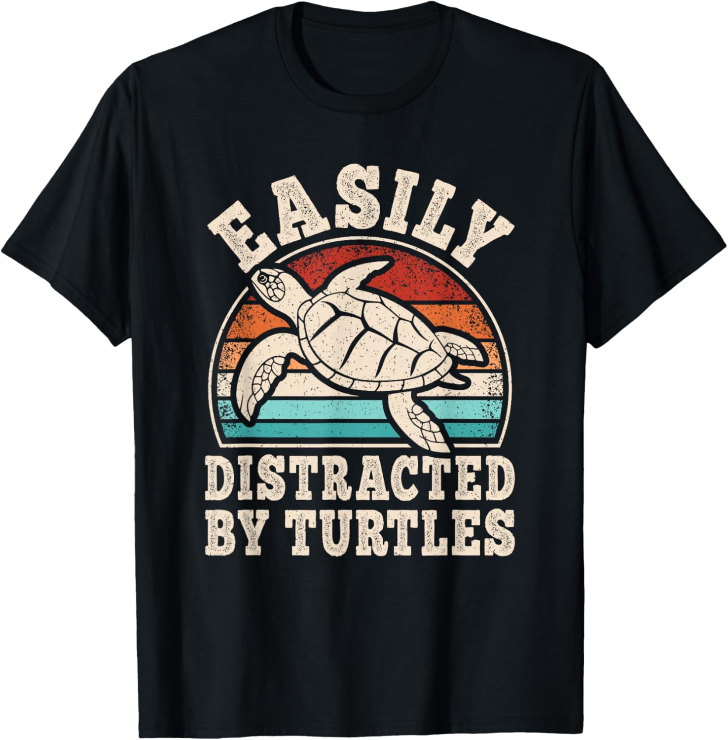 Easily Distracted By Turtles Graphic Tee Retro Sunset Sea Turtle Print Casual Cotton T-Shirt 4XL