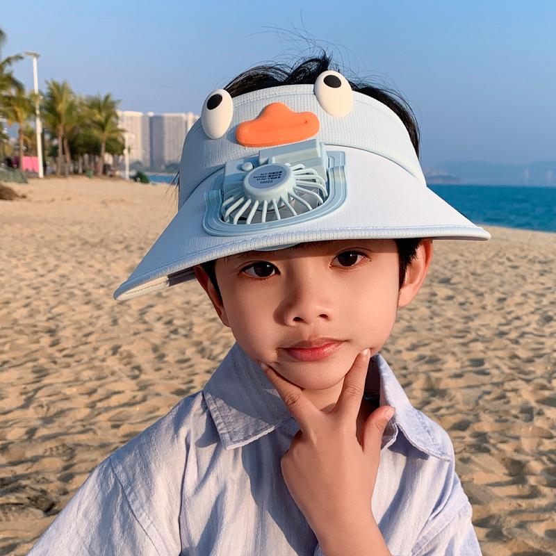 Children's hats summer boys and girls outdoor big brim with fan sun hat cartoon cute sun protection empty top hat