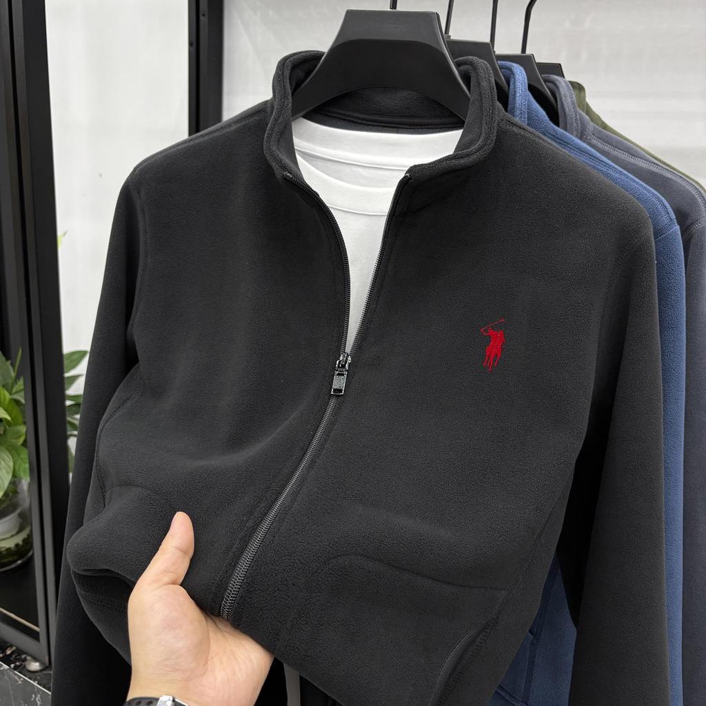 Men's Double-Sided Berber Fleece Stand Collar Jacket with Embroidery – Classic American Style
