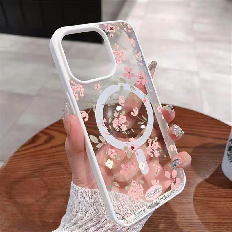 Small Pink Flowers Design Magnetic Phone Case For iPhone 17 Pro Max Cases iPhone 16 Plus 15 14 13 12 11 Air 17 Transparent Cover